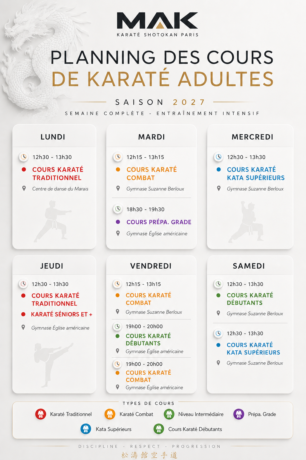 MAK - Planning des cours de Karaté Adultes